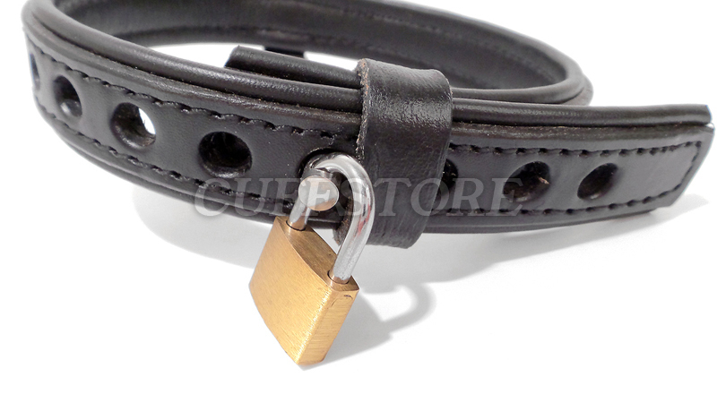 Leather Bondage Collar Square Ring Locking Restraint with Padlock