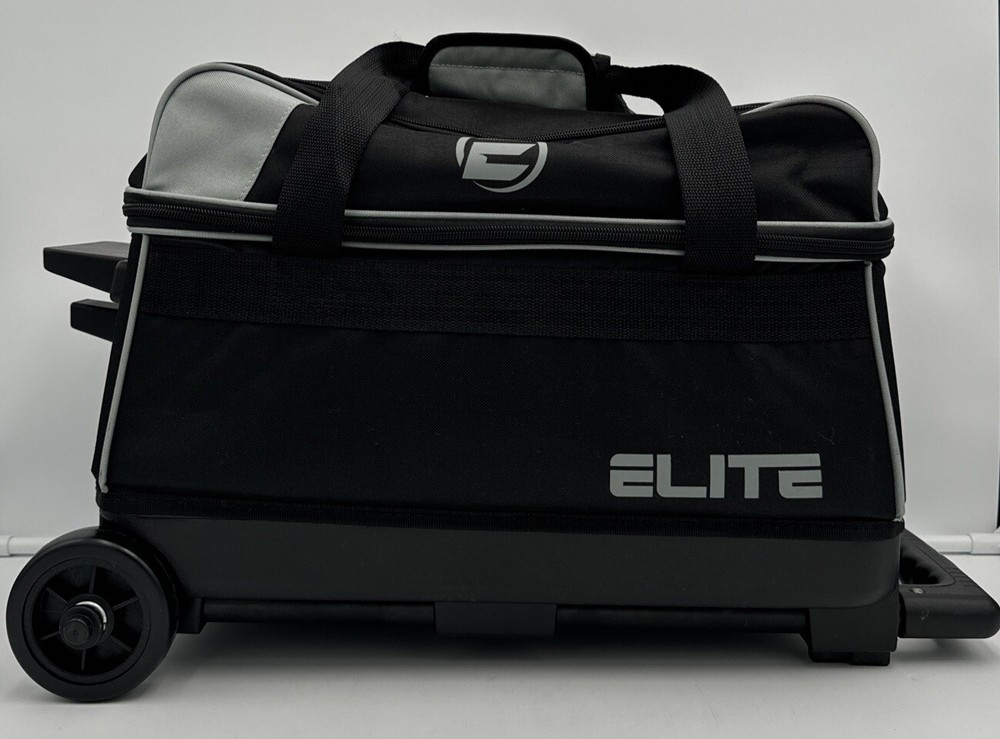 Elite Basic Double Roller 2 Ball Bowling Bag w/ Wheels, Large Top Pocket - Black