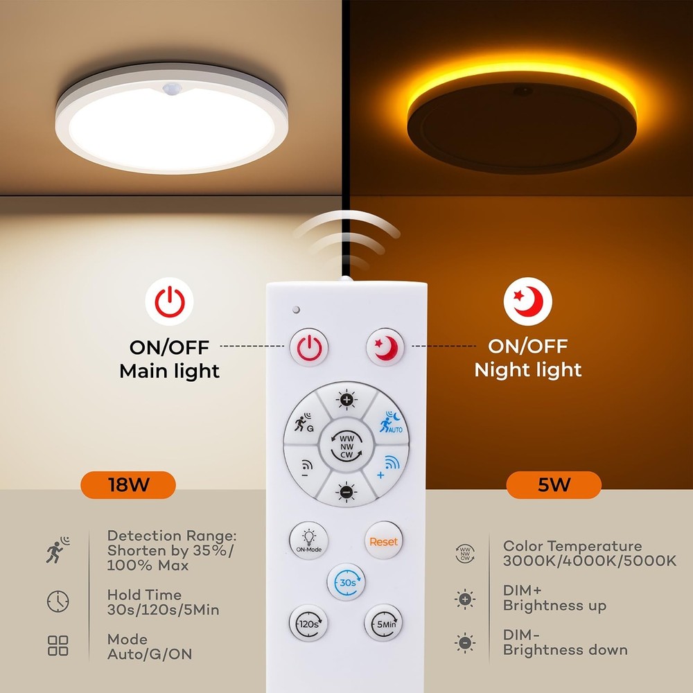 2Pack Motion Sensor Ceiling Light with Remote, Night Light 2000K, 8.7 Inch Wi...