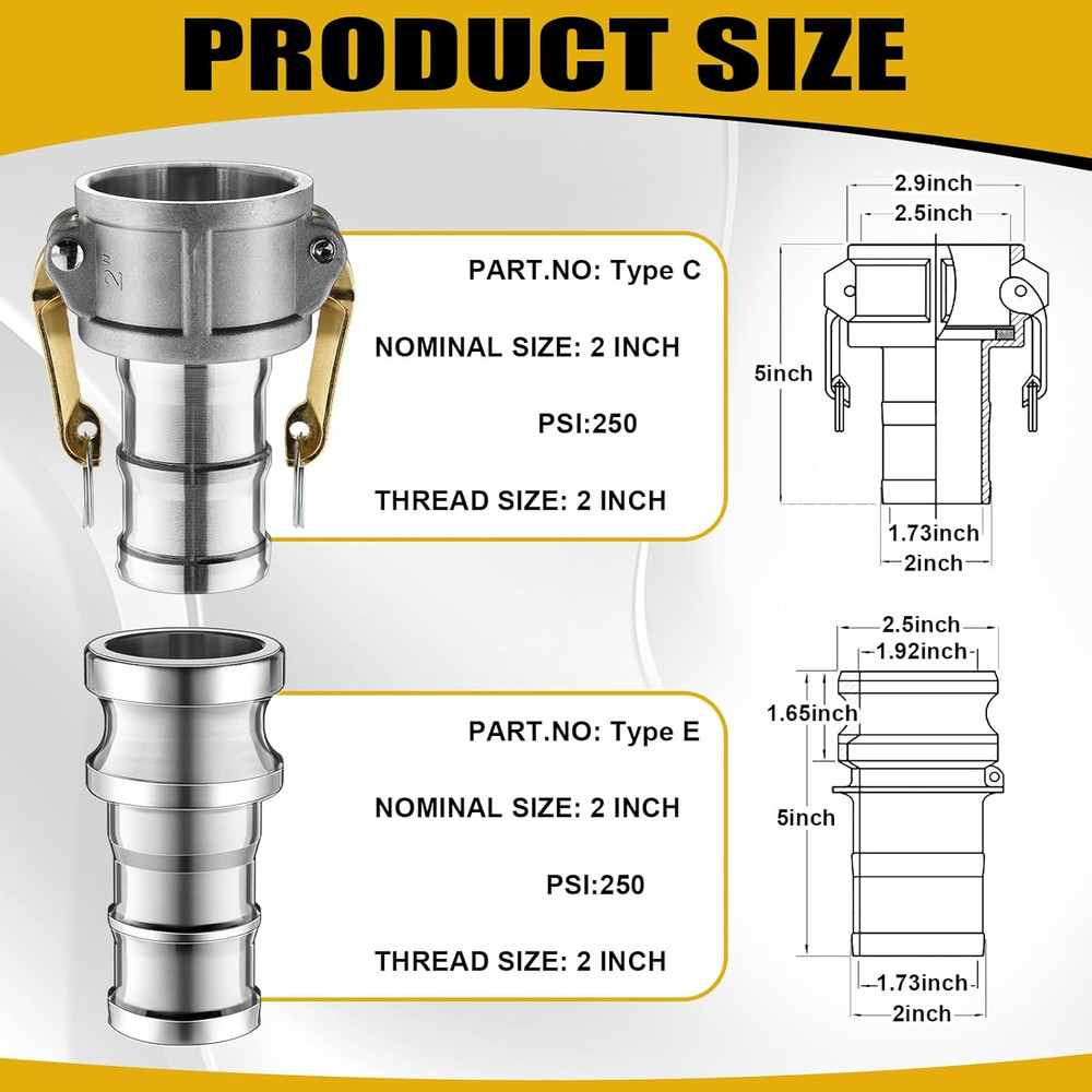 2 Set 2 Inch Camlock Fitting Kit Type C & E Aluminum Hose Coupler Set 50mm