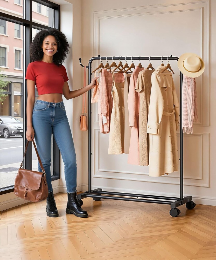 Adjustable Rolling Clothes Rack with Hooks - Heavy Duty Indoor Storage
