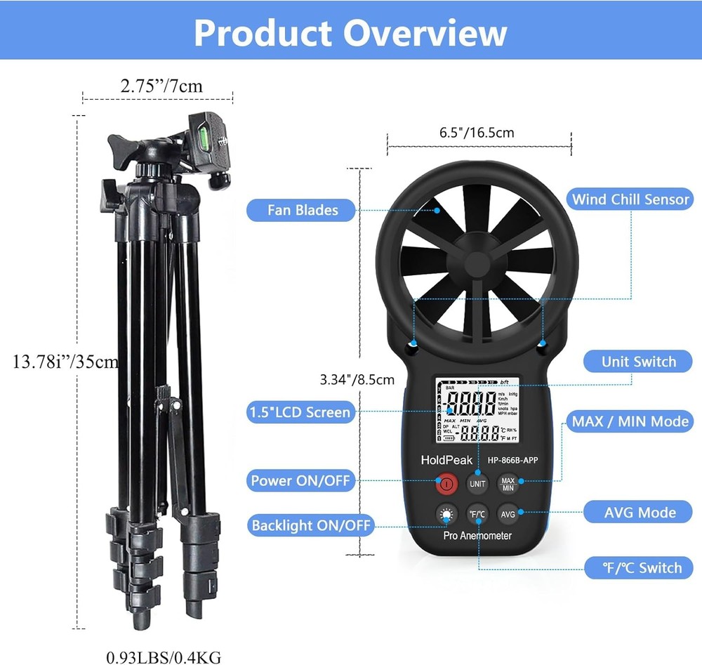 Holdpeak Handheld Anemometer Bluetooth with Tripod, Digital Wind Speed Gauge Met