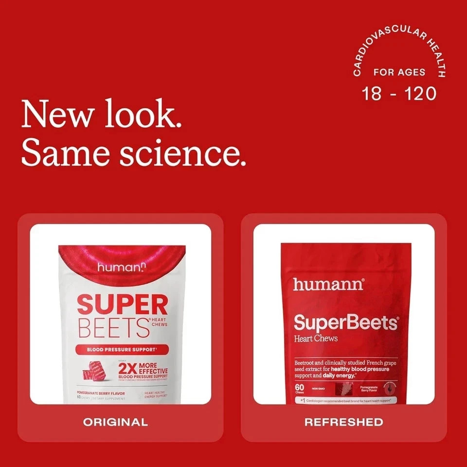 Humann SuperBeets Heart Chews: Nitric Oxide & Blood Pressure Support, 60 Count