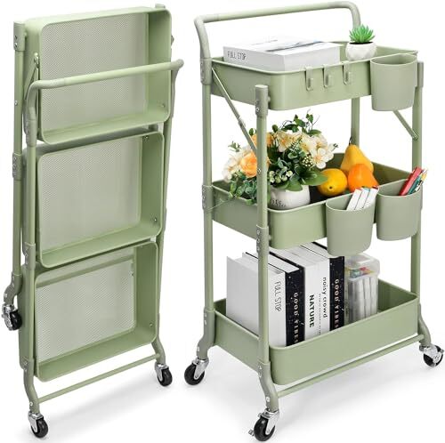 Foldable 3 Tier Metal Utility Rolling Cart Folding Mobile Multifunction Storage