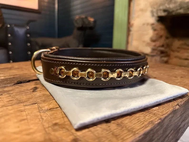 HoundsAndBones Leather Dog Collar – Brown Padded Lining, Solid Brass Hardware L