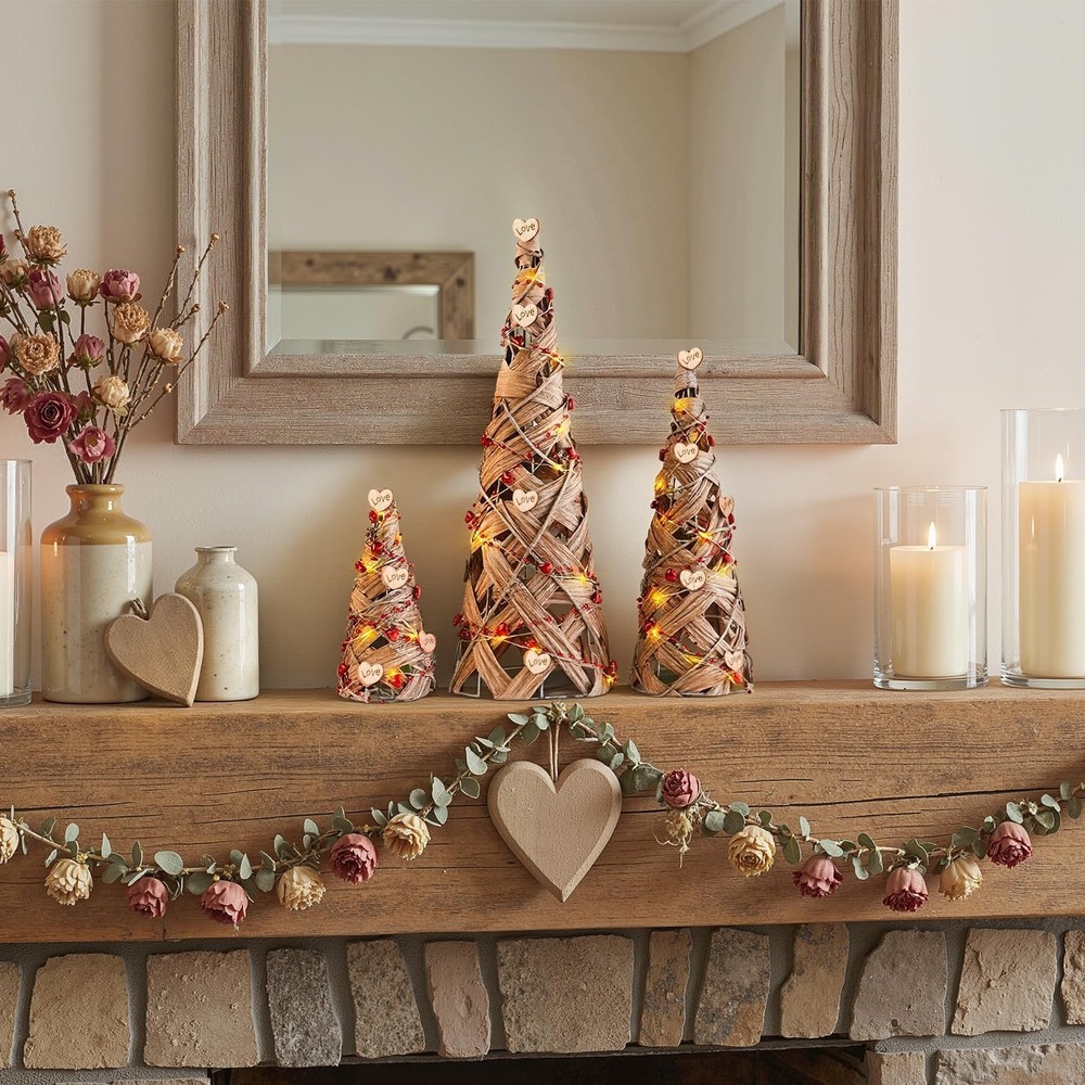 Treory Valentines Tree Table Decor, 3 Pcs Rustic Rattan Cone Natural