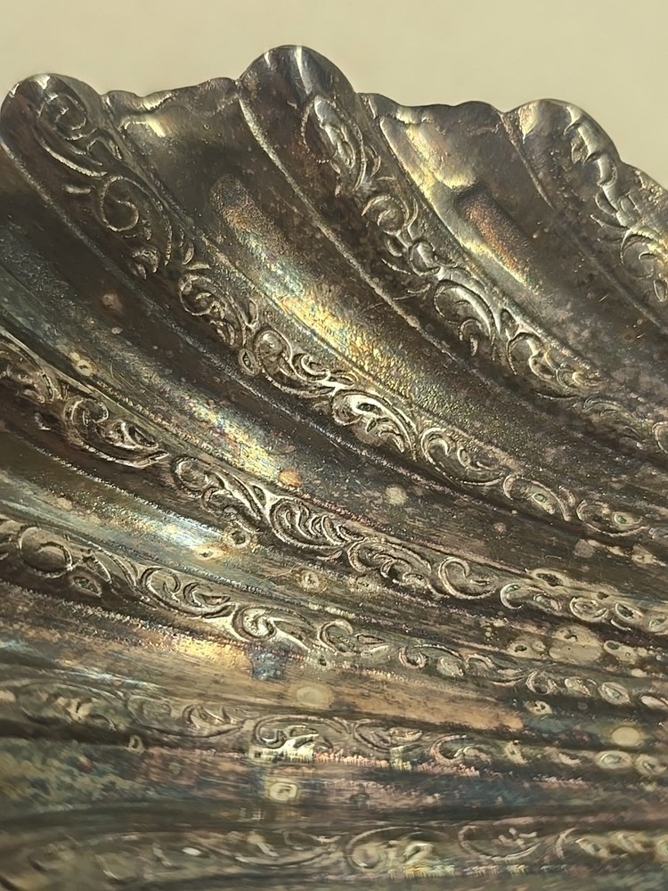 Antique Victorian Scroll Handle Dolphin Footed Silver Shell Dish Salt Dip