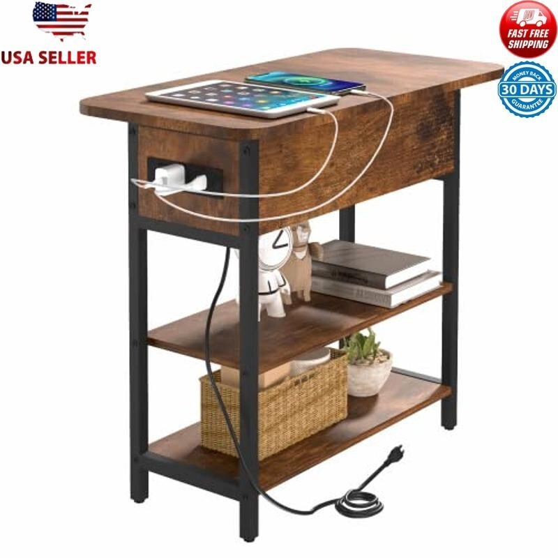 Rustic End Table W/ USB Charging Station & Storage Shelf Assembly Required