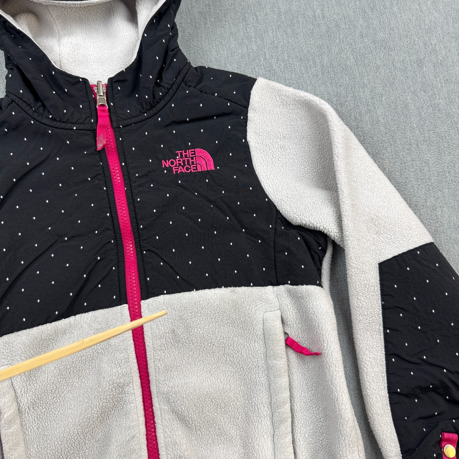 The North Face Jacket Teen Girls XS 6 Black White Denali Hooded Diamond Fleece