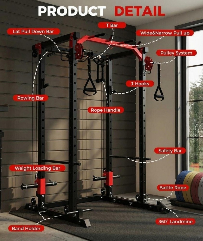 Power Cage Home Gym with LAT Pulldown & Cable System 2000LBS Squat Rack for Home