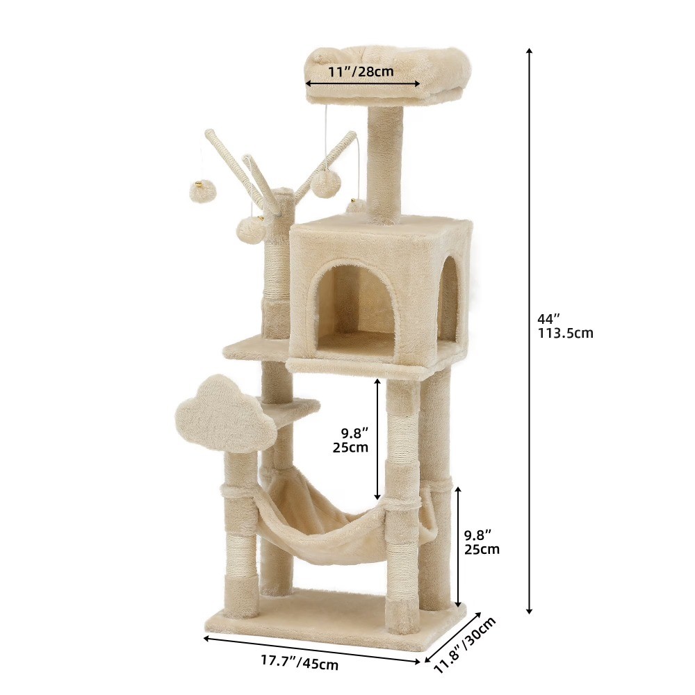 44" Cat Tree Tower, with Scratch Posts, Condo, Hammock, Toys, Beige