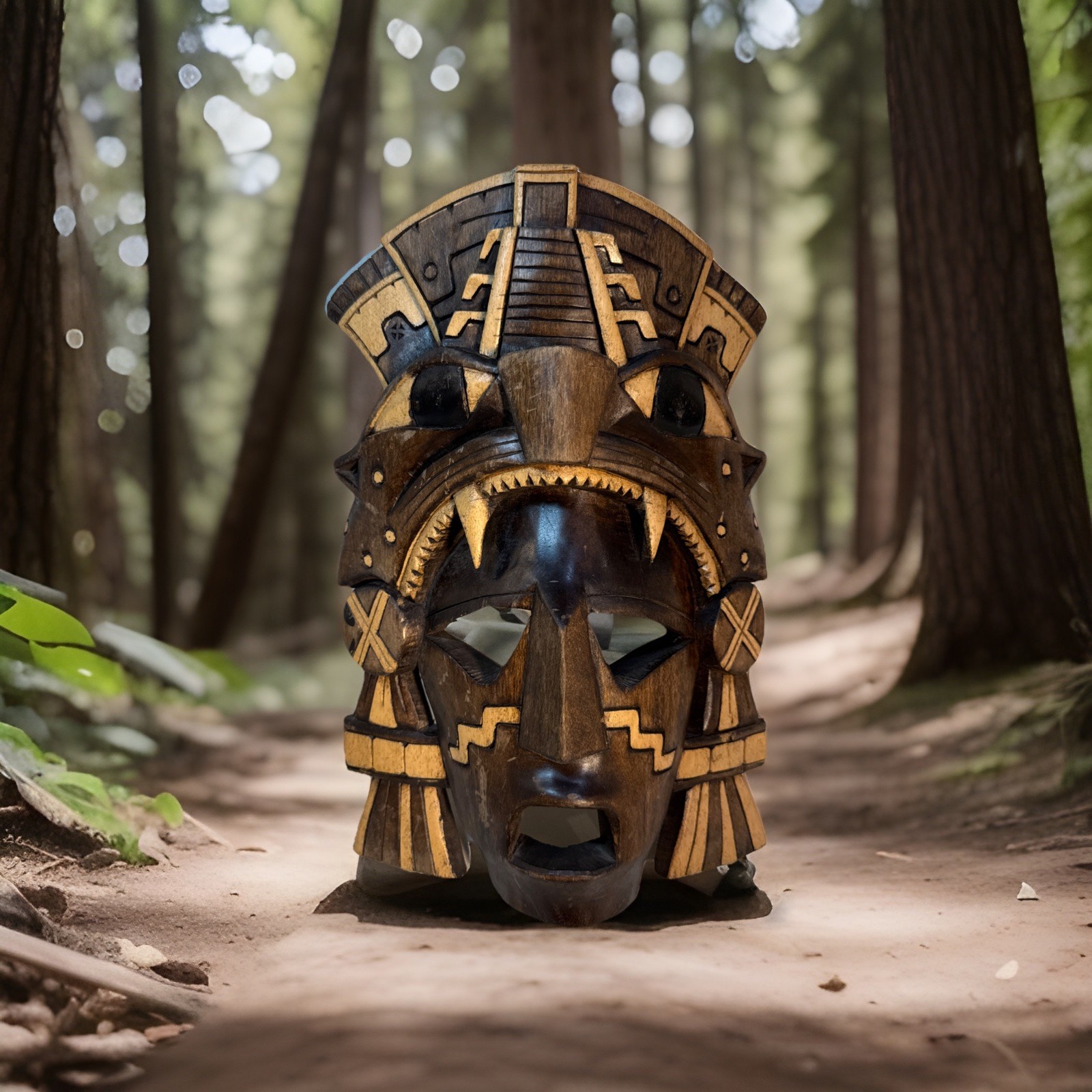 Mayan Hand Carved Mask Faces Reptiles two tone Wood Curved Hang Or Shelf Sit