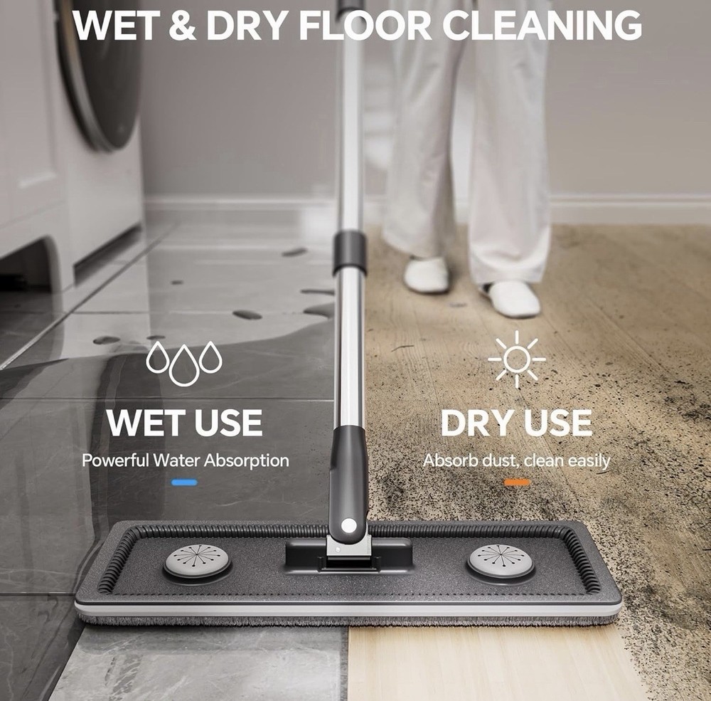 Rectangular Wet/Dry Microfiber Pad Mop with Dual-Barrel Bucket, Metal Handle