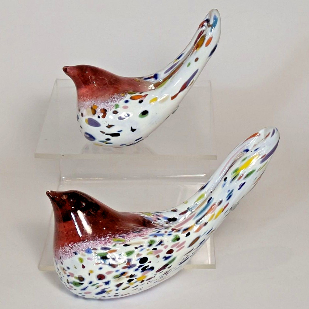Two Gordon Studio Red Glass Bird Paperweights, Larger & Small