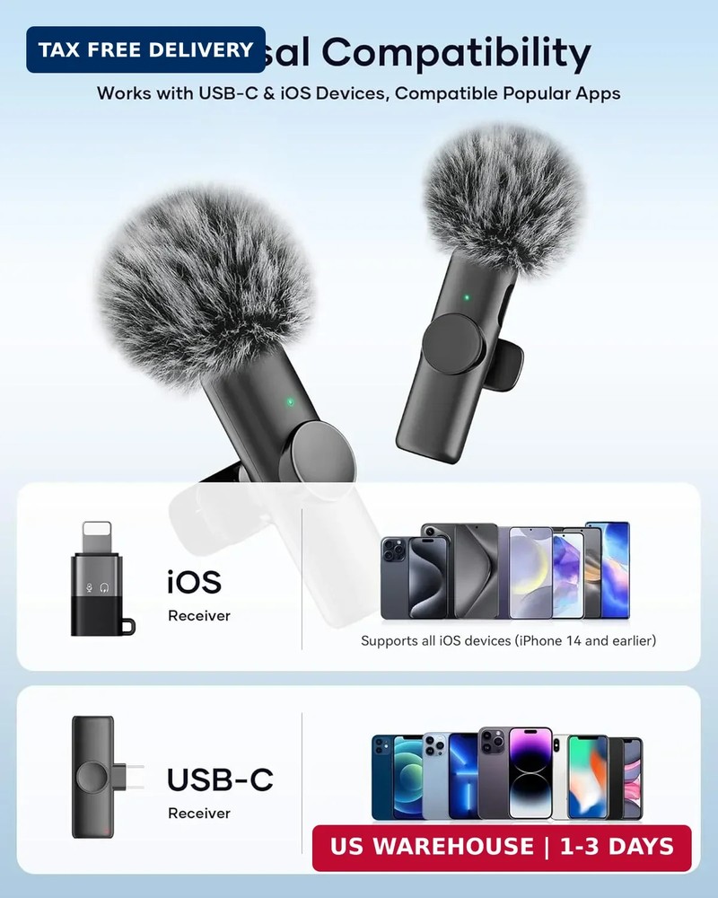 Wireless Microphone for iPhone iPad and Android Phone, 2 Pack Wireless Lavalier