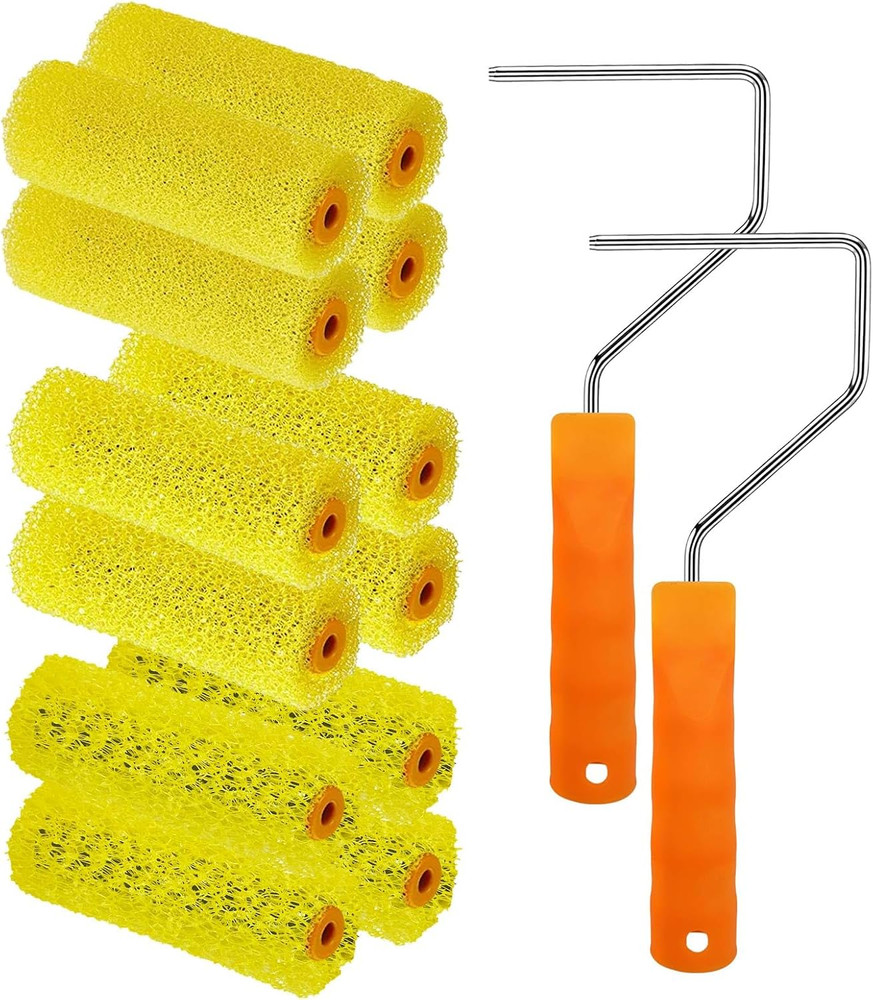 12 Pcs Textured Paint Roller Covers with 2 Frames Set, 4 Inch 3 Textures Foam Dr