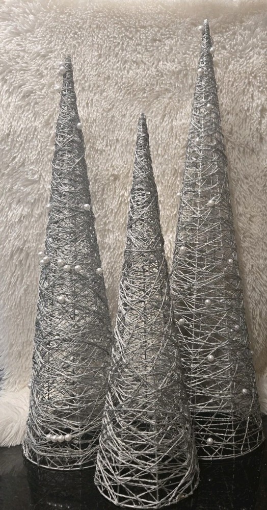 Metallic Silver Twisted Woven Cone Shape Tree Trio • Unlit 27"/24"/20"