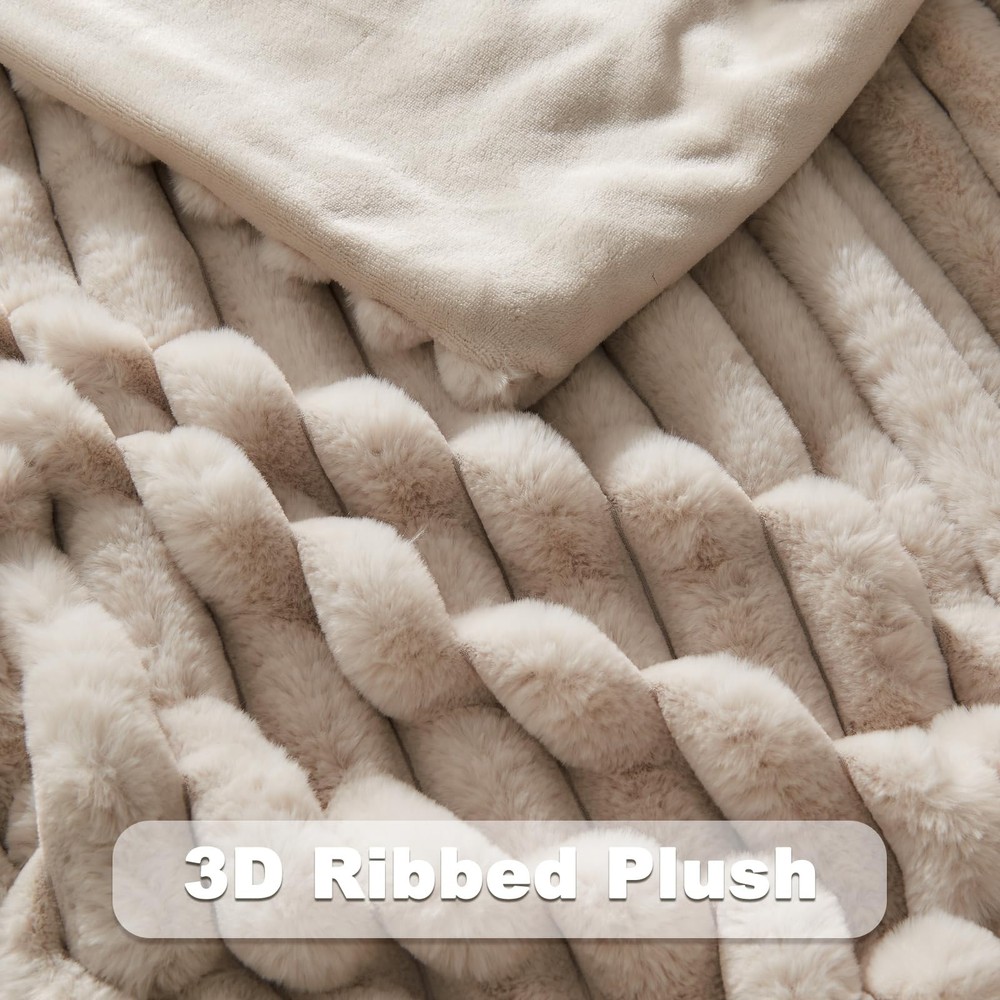 Faux Fur Throw Blanket Linen 3D Ribbed Plush Thick Warm Blanket for Couch Sof...