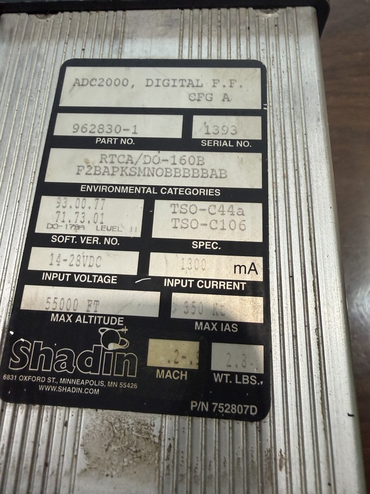 Shadin Avionics ADC2000 Air Data Computer 962830A-3 (14-28 VDC) Removed Working