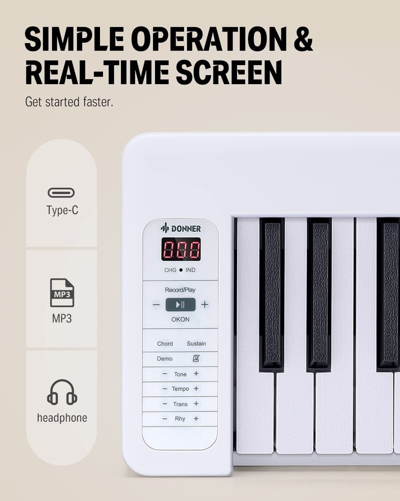 Donner DP-06 Foldable 61 Key Digital Piano Keyboard Bluetooth Velocity-Sensitive