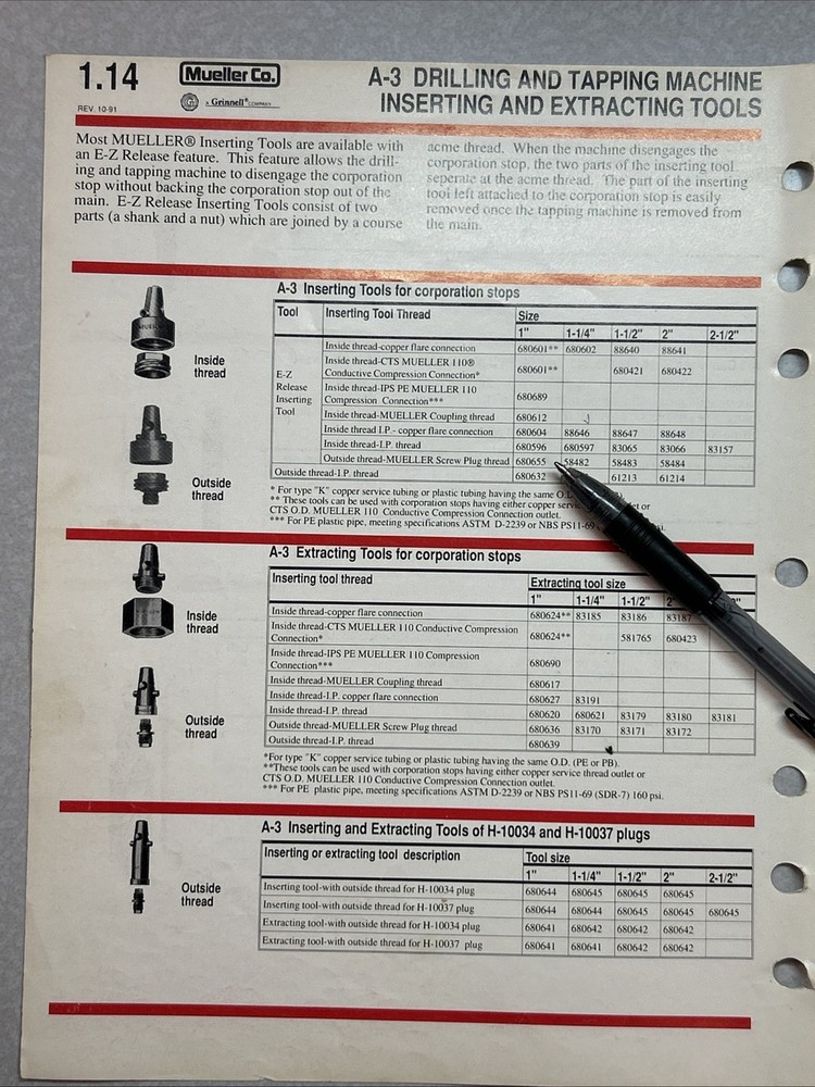 MUELLER 680655 1” Inserting Tool For Corporation Stop Outside Thread B-101 A3
