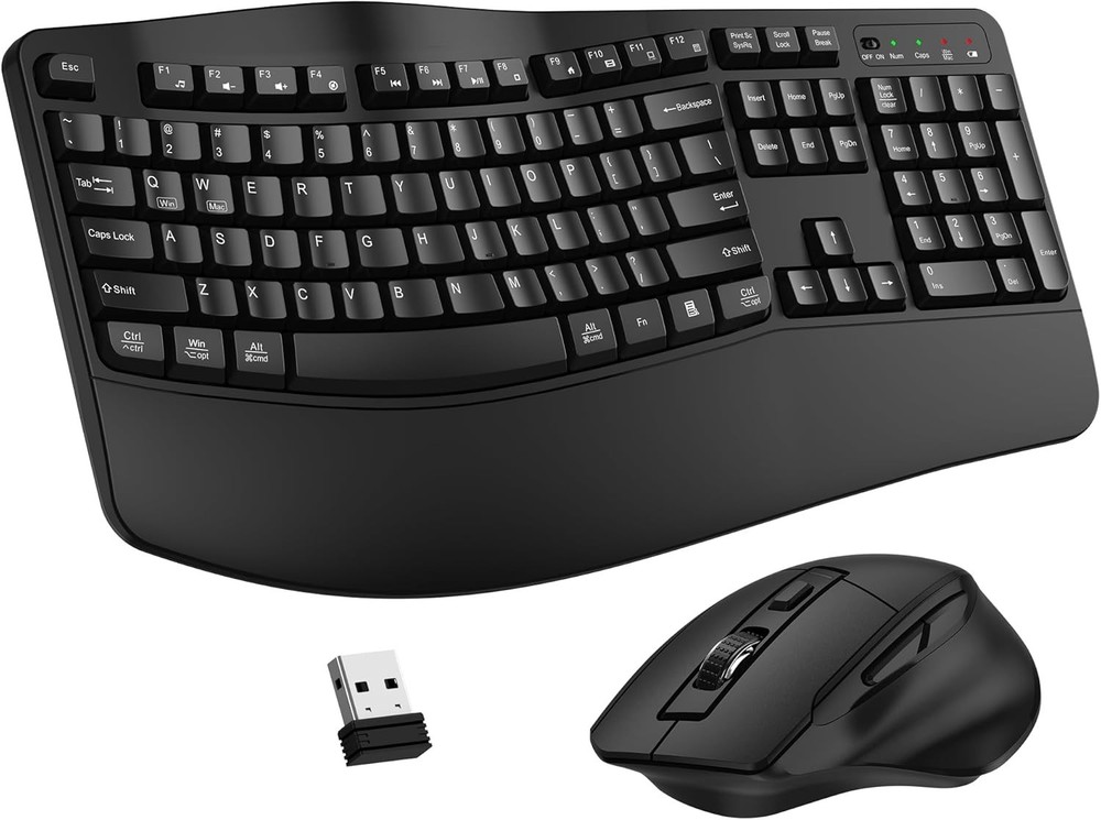 Wireless Keyboard and Mouse Combo, 2.4G Full Size Wave Keys Ergonomic Keyboard
