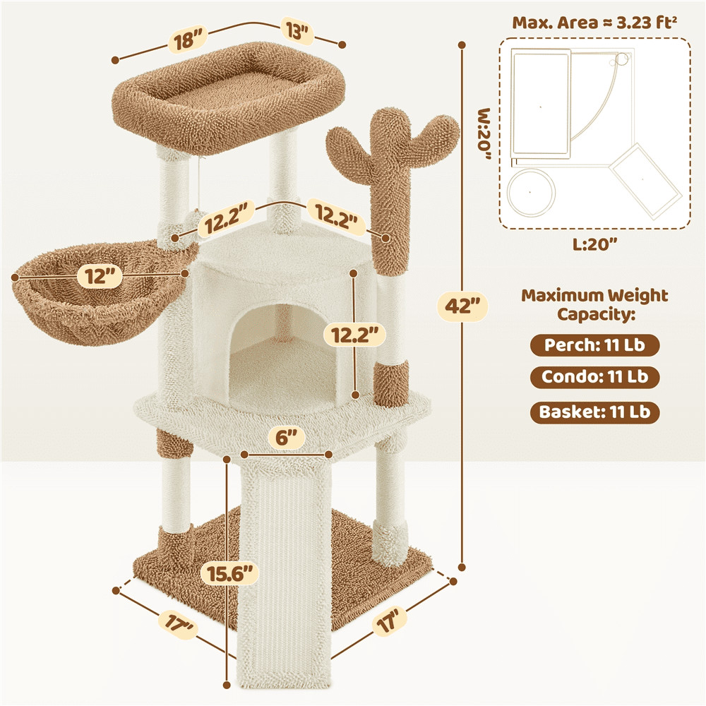 42" Height Cactus Cat Tree W/ Scratching Posts & Platform Beige/Brown
