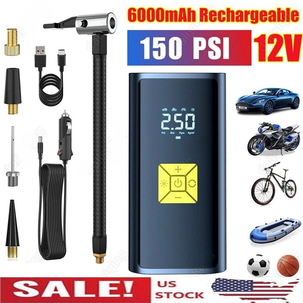 150 PSI Air Compressor Tire Inflator Fits Car Moto Bike Tires Air Pump Cordless