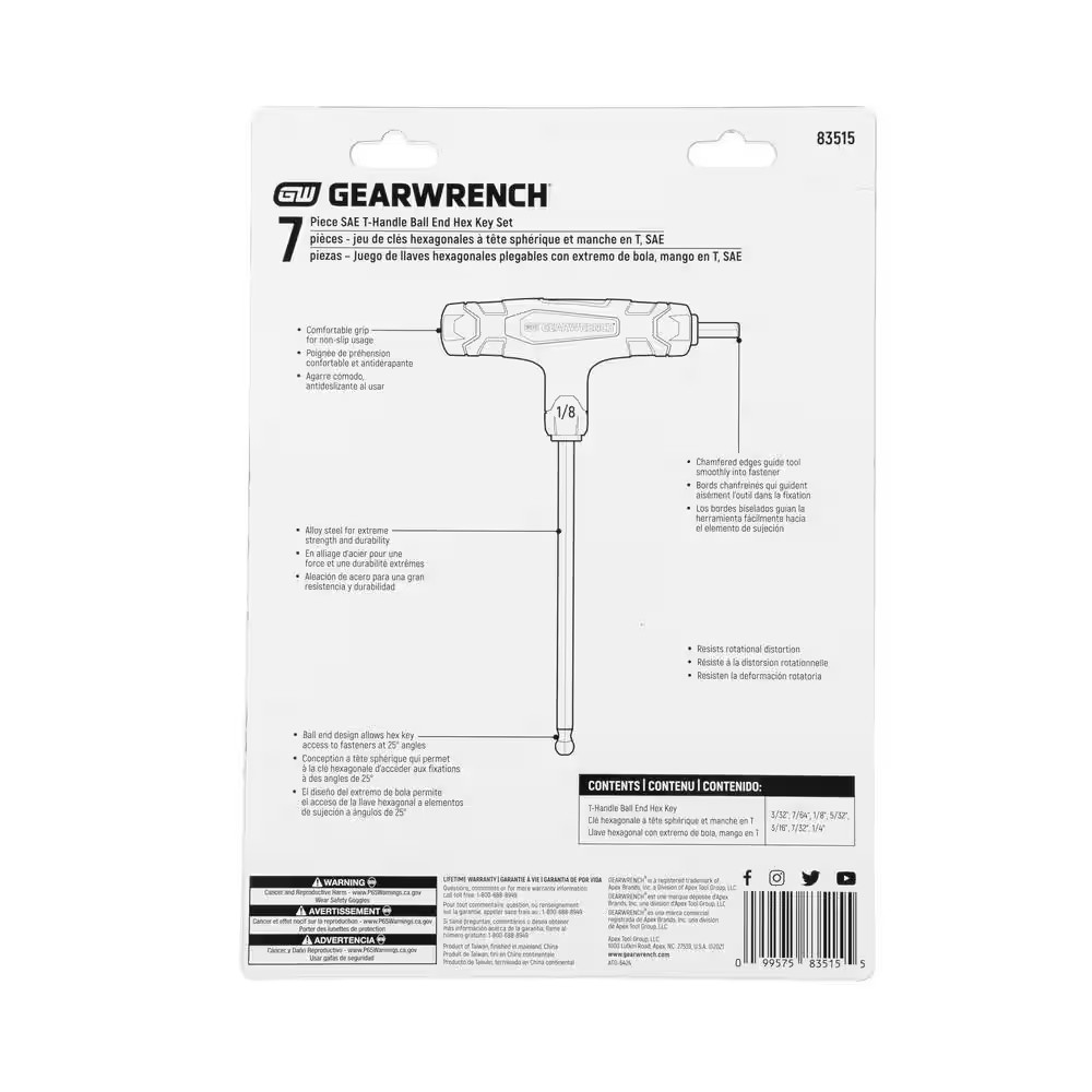 SAE Ball End T-Handle Hex Key Set (7-Piece)