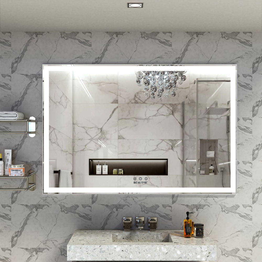 60"x40" LED Rectangle Bathroom Mirror Mirror Wall Mounted Silver Aluminum Frame