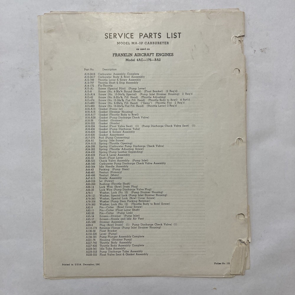 Marvel-Schebler MA-3 Operation - Maintenance - Parts List (MSMA3-OP-C)