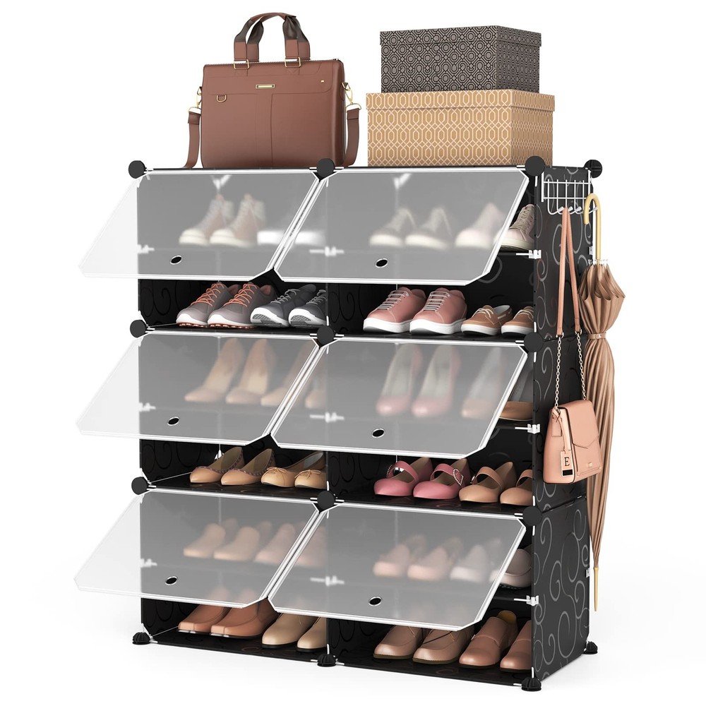 6-Tier 24-Pair Expandable Shoe Rack Organizer with 2 Hooks, Black