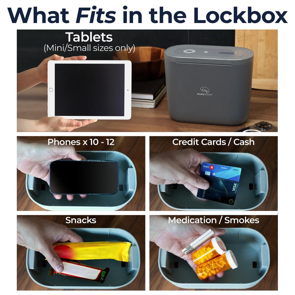 Mindsight Timed Lock Box Plus | Fits Small Tablets (iPad Mini), Phones (10+) & M
