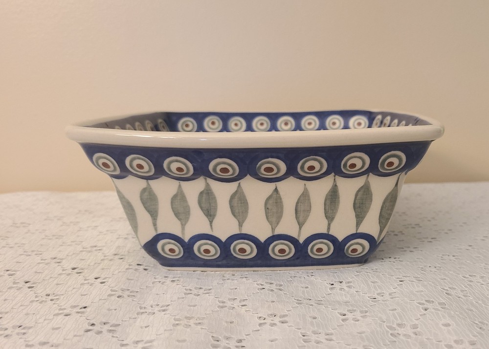 Polish Pottery Boleslawiec Peacock Rectangular Baker 7" X 7" X 3"