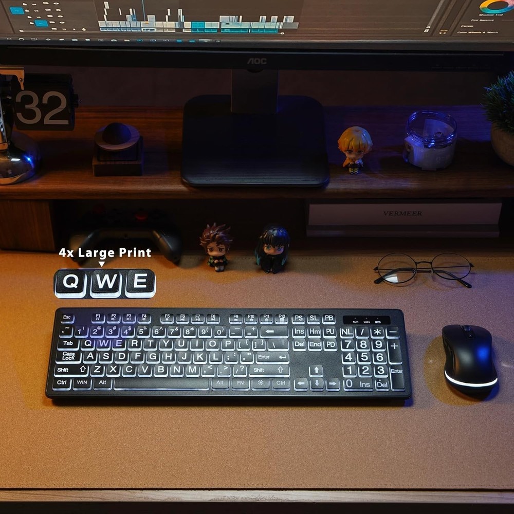 Rechargeable Backlit Large Print Keyboard with Mouse for Enhanced Visibility