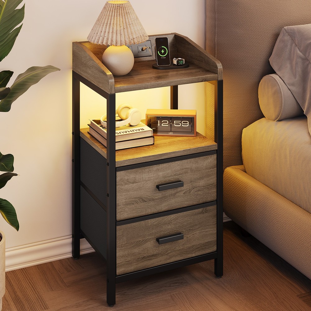 ༝Nightstand With Charging Station Modern Bedside End Side Table With Guardrail
