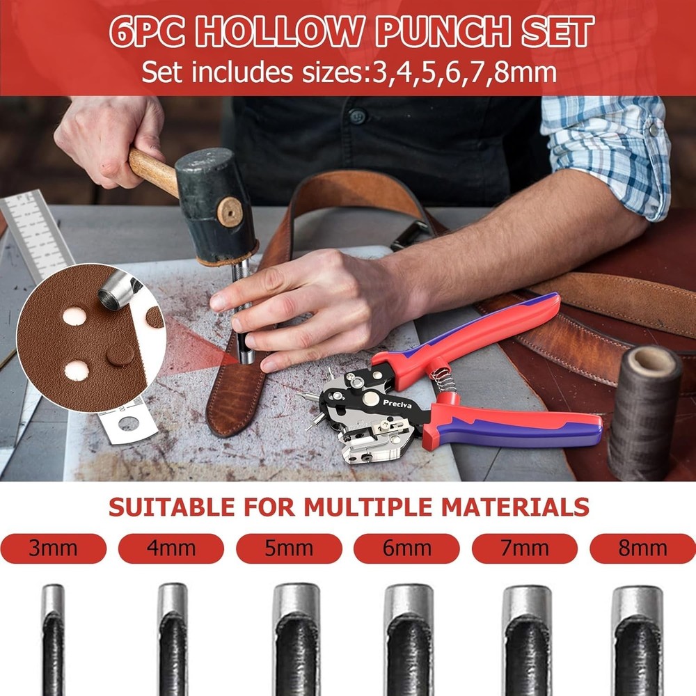 Multifunctional Leather Hole Punch Tool - 6 Sizes with Distance Locator