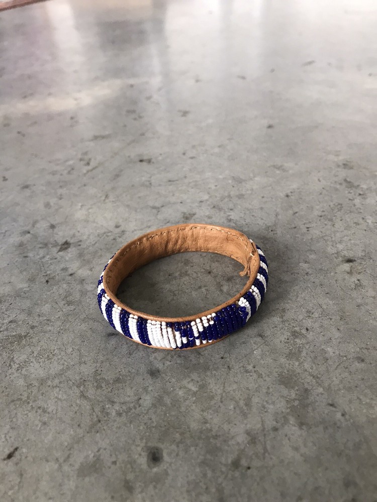 Handmade Blue White Beaded Leather Bangle Bracelet