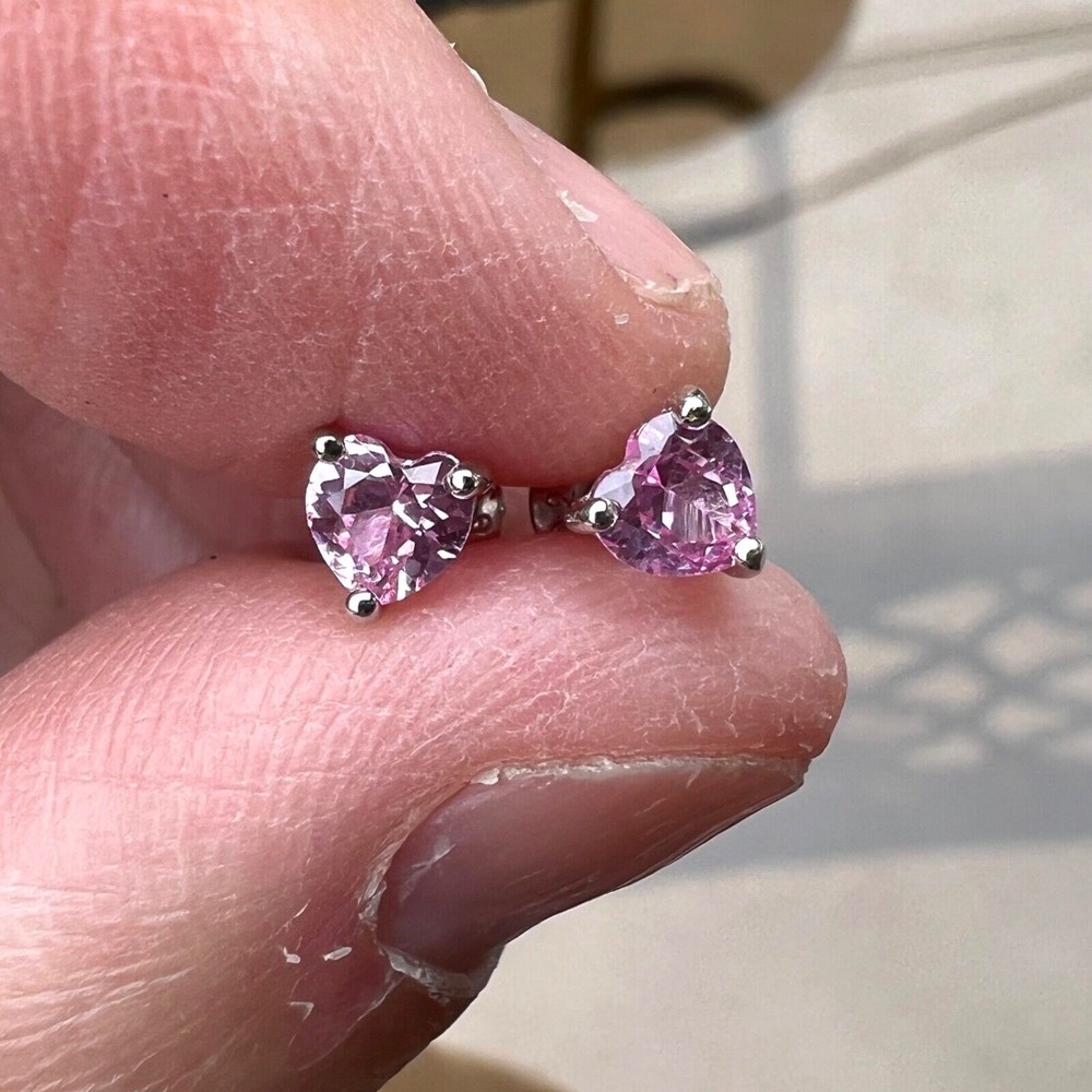 Tiny Lab Grown Pink Sapphire Heart Stud Earrings Solid Sterling Silver 925