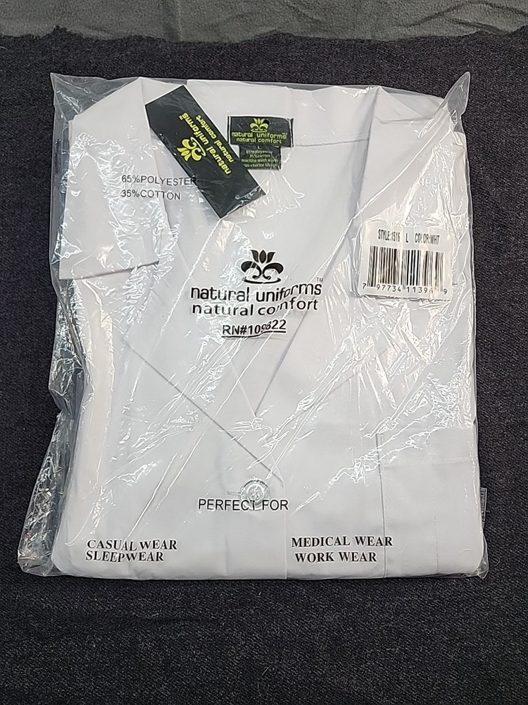 Natural Uniforms Lab Coat White Size Large # 1516 3 Front Pockets W/ Back Strap