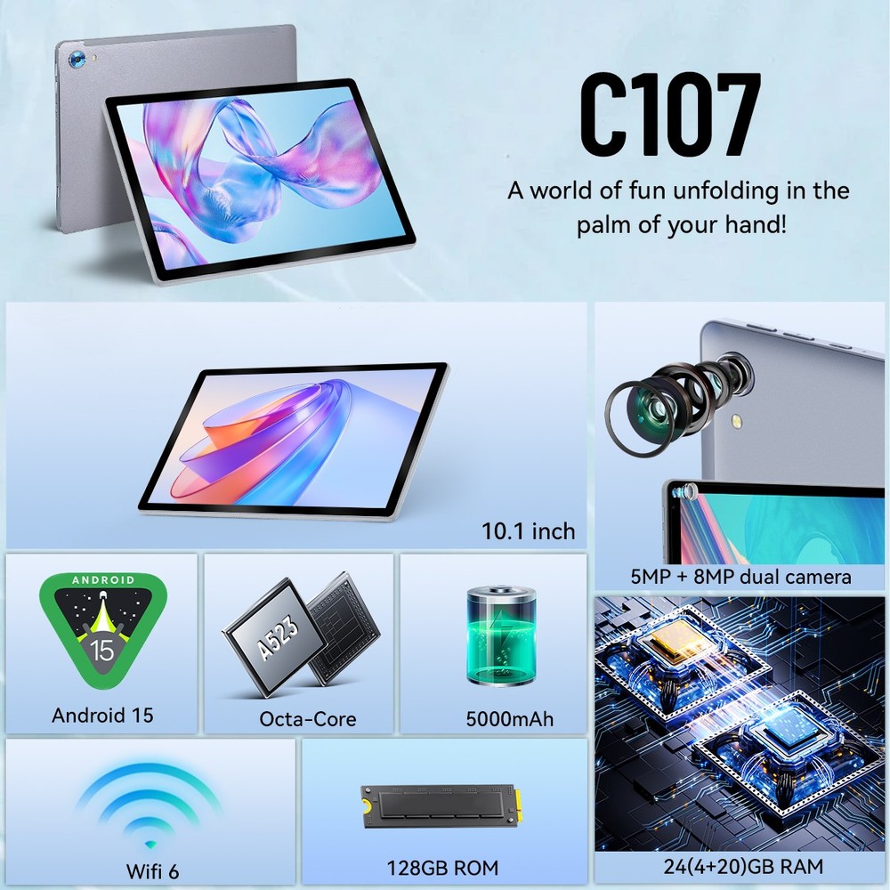 10.1" Android Tablet 24GB+128GB IPS LCD Touchscreen Octa-core Bluetooth Wi-Fi 6