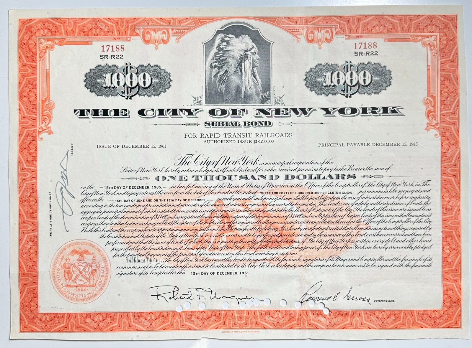 1961 The City of New York, Serial Bond for Rapid Transit Railroads