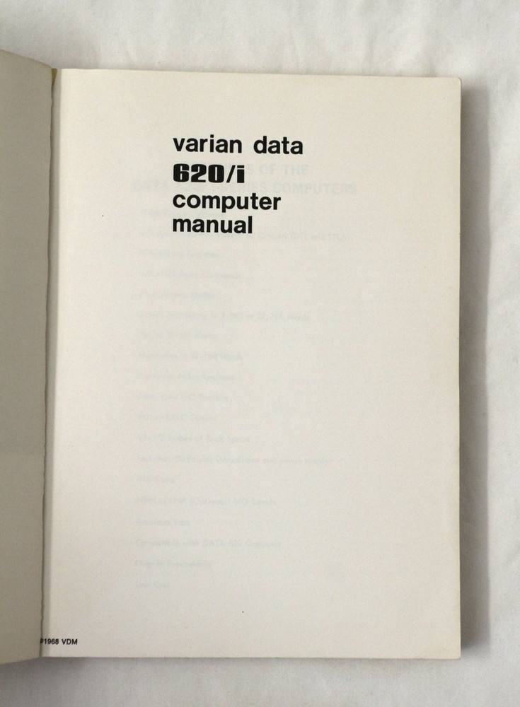 Varian Data Machines 620/i Computer Manual (1968, PB)