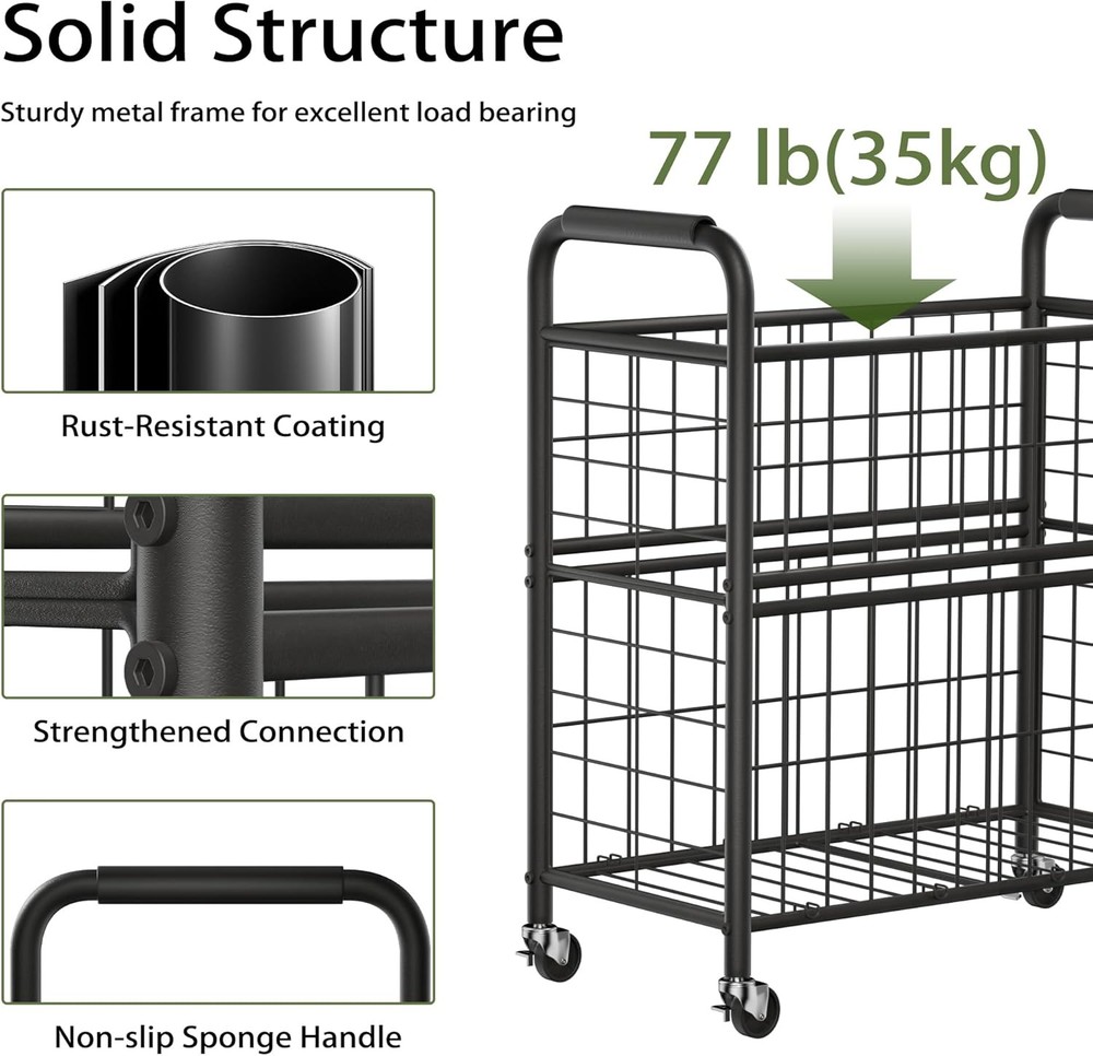 Laundry Hamper 3 Section 145L Rolling Laundry Sorter Basket W/ Wheels