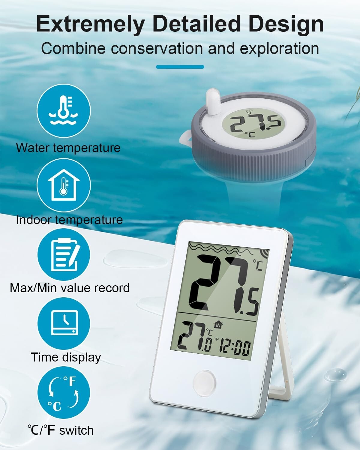 Wireless Pool Thermometer Set Outdoor Temperature LCD Digital Indoor Monitor