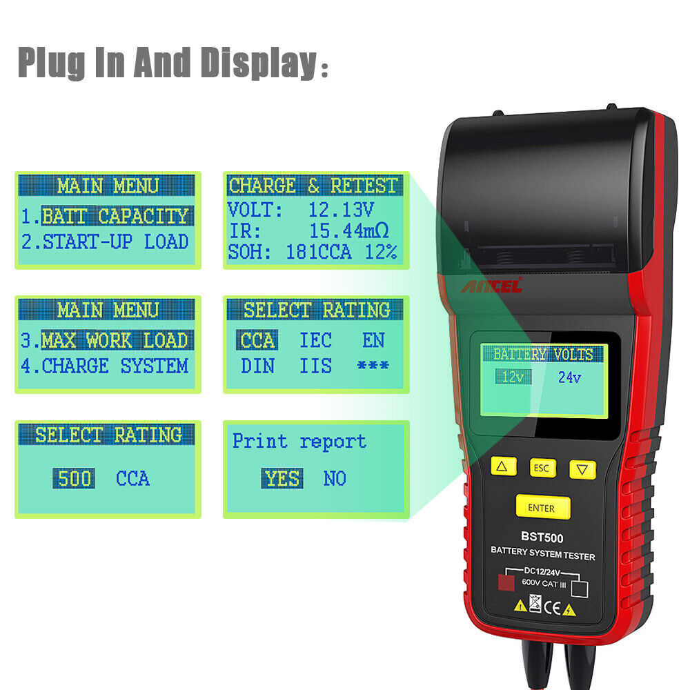 ANCEL BST500 Car Battery Tester Cranking Charging System Analyzer with Printer