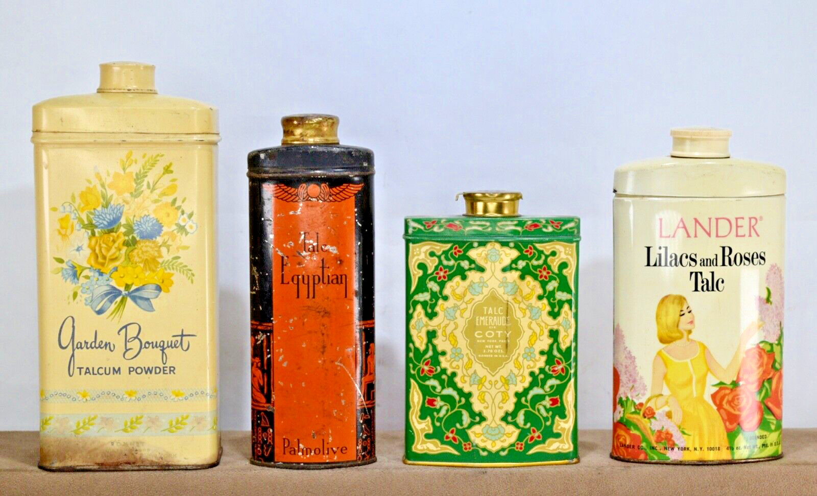 Vintage Advertising Perfume Talcum Powder Tin Emeraude Coty, Egyptian + Lot of 4