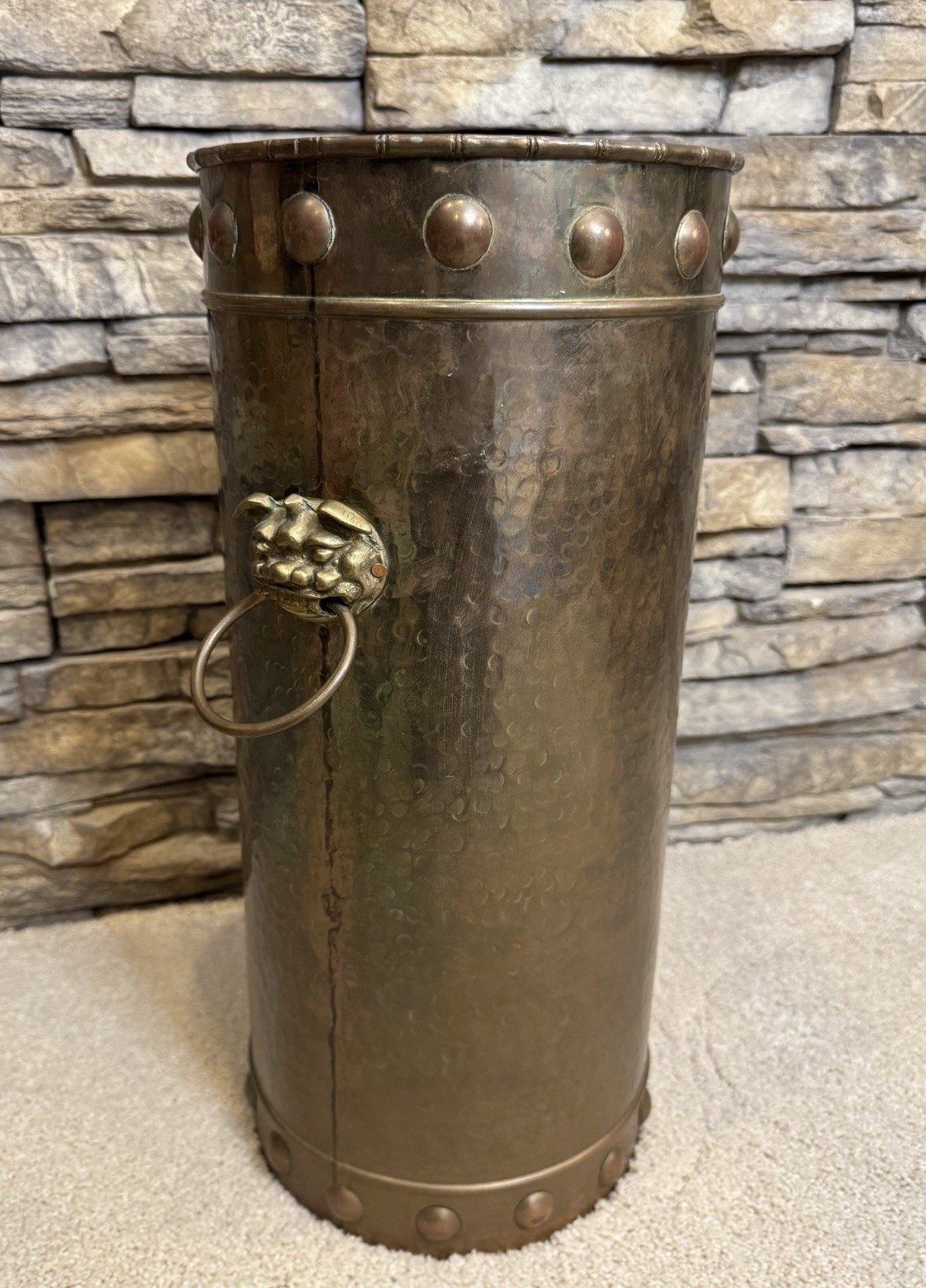 18" Tall Vintage Hammered Brass Umbrella Stand With Lion Head Handles Hong Kong