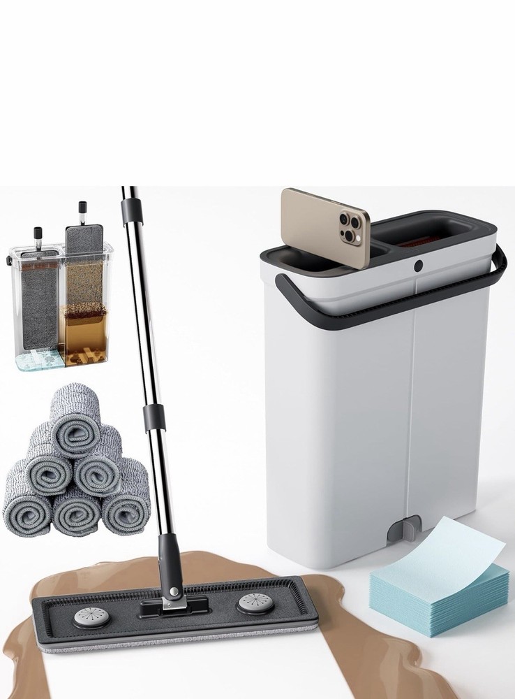 Rectangular Wet/Dry Microfiber Pad Mop with Dual-Barrel Bucket, Metal Handle