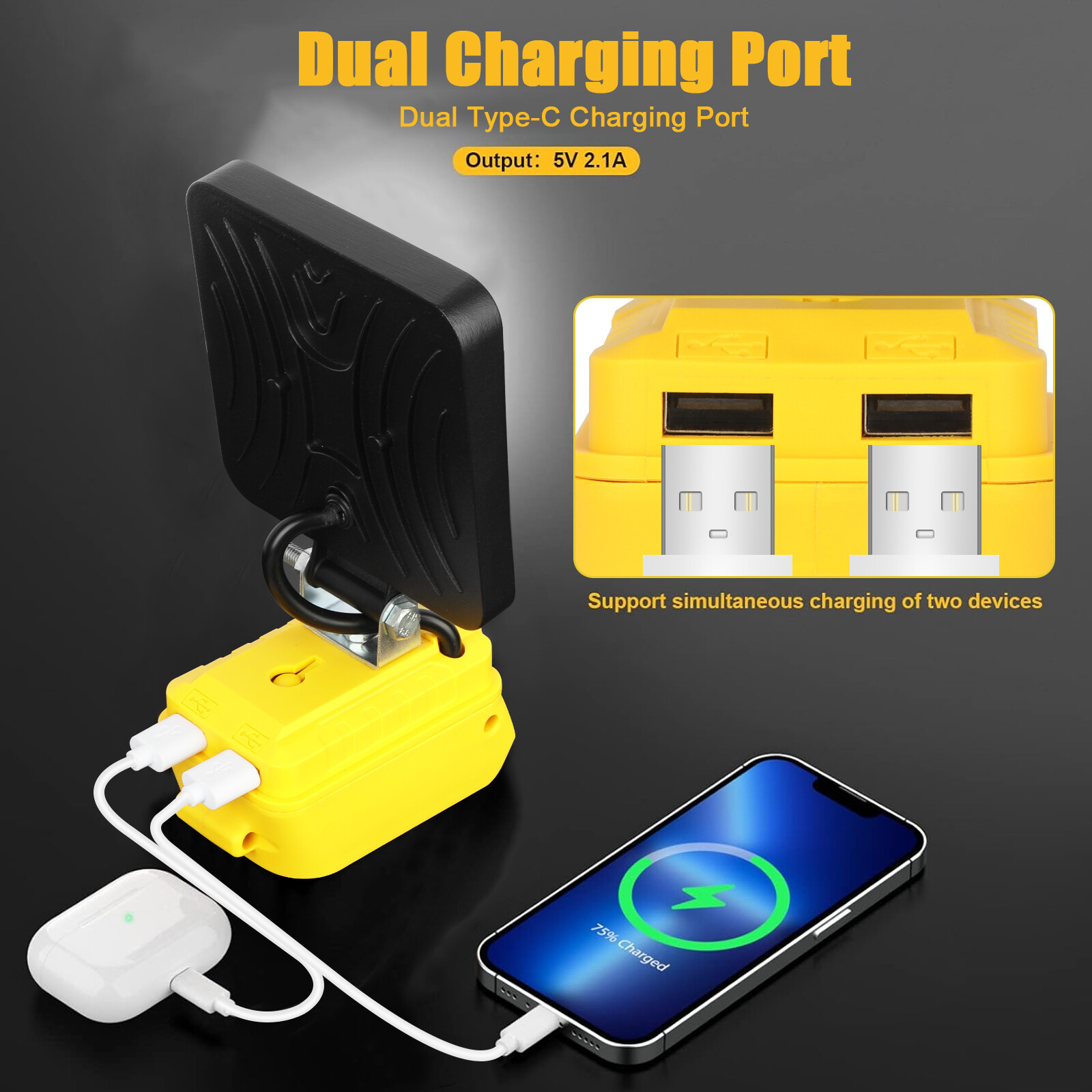 2 Pack 60W LED Work Light for De walt 20V Battery with USB Output 6000LM